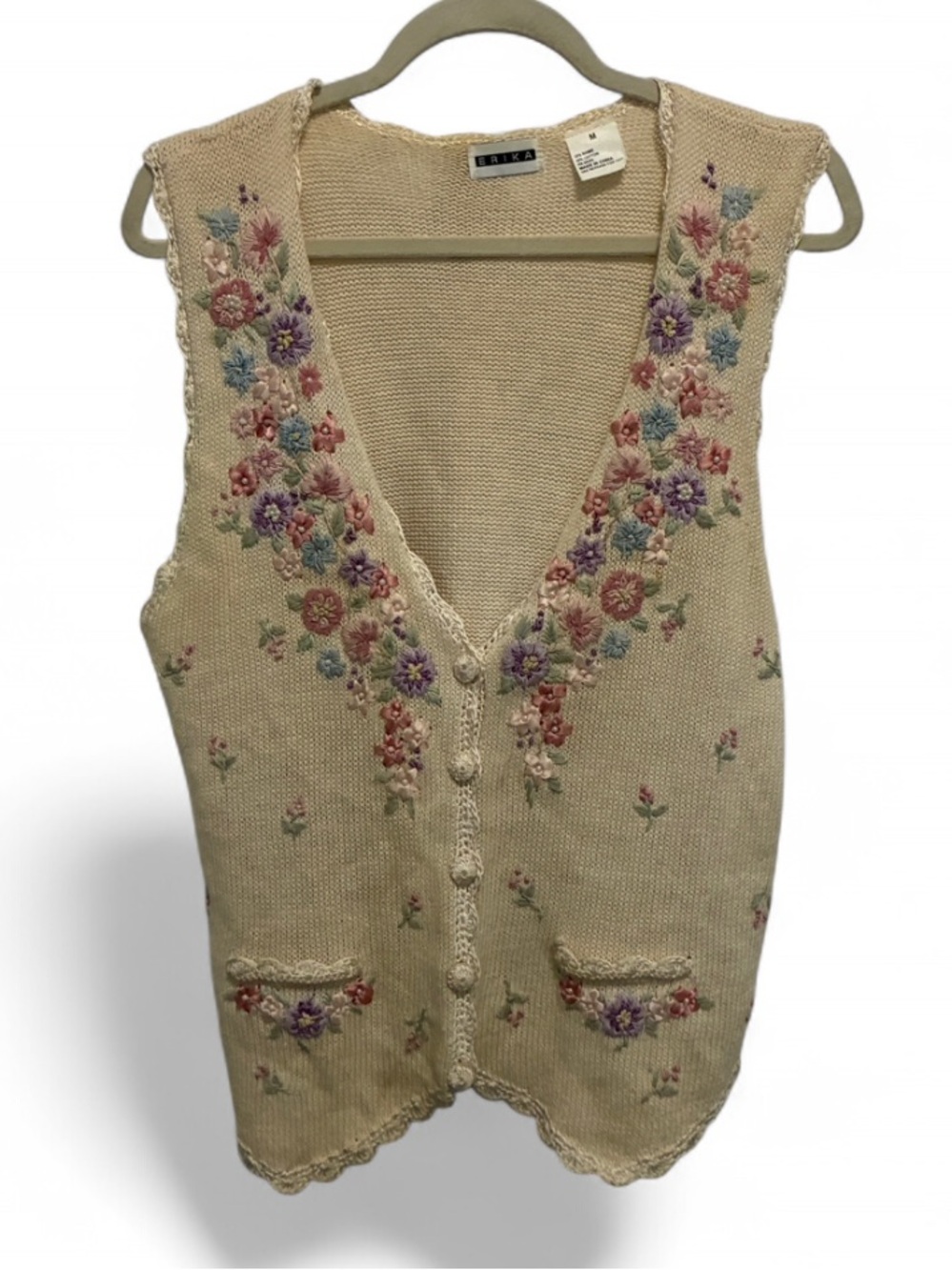 Vintage Erika Cream Floral Embroidered Knit Vest